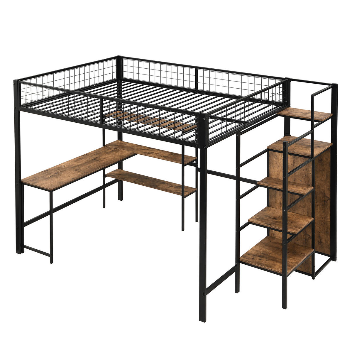 HOCHBETT 140/200 cm Schwarz mit Schreibtisch und Stauraum - Schwarz, Metall (140/200cm) - MIVRAY
