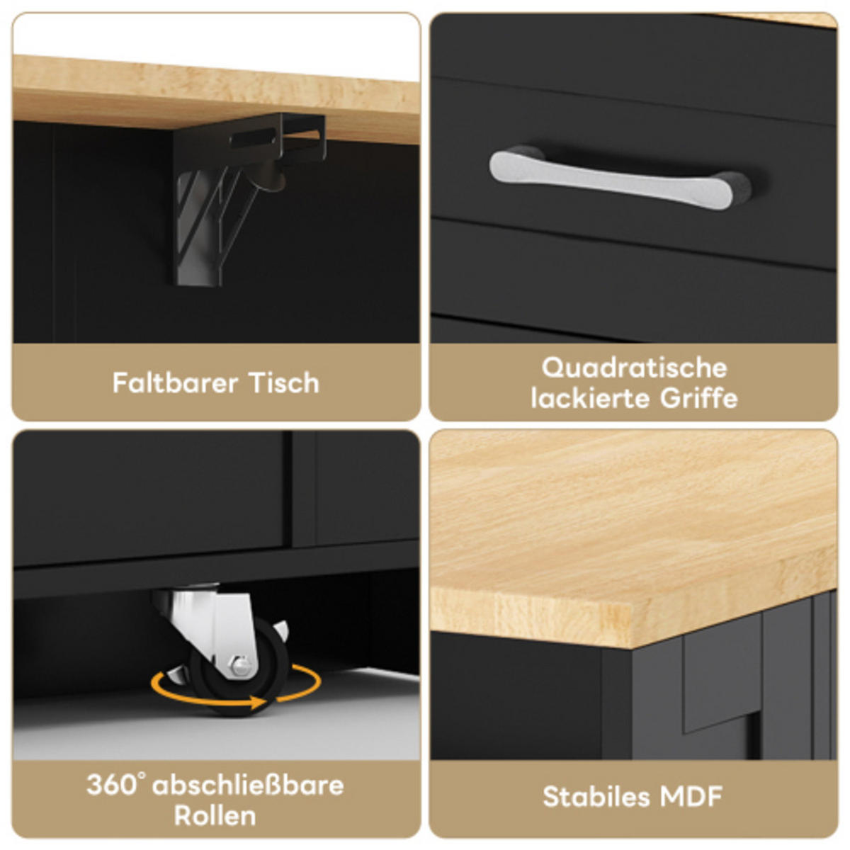 KÜCHENINSEL schwarz-Neutral aus MDF mit klappbarer Erweiterungsplatte, Steckdosen und Laufrollen 120 × 40(65) × 92 cm - Schwarz, Holzwerkstoff (120/92/65cm) - Luhomfu