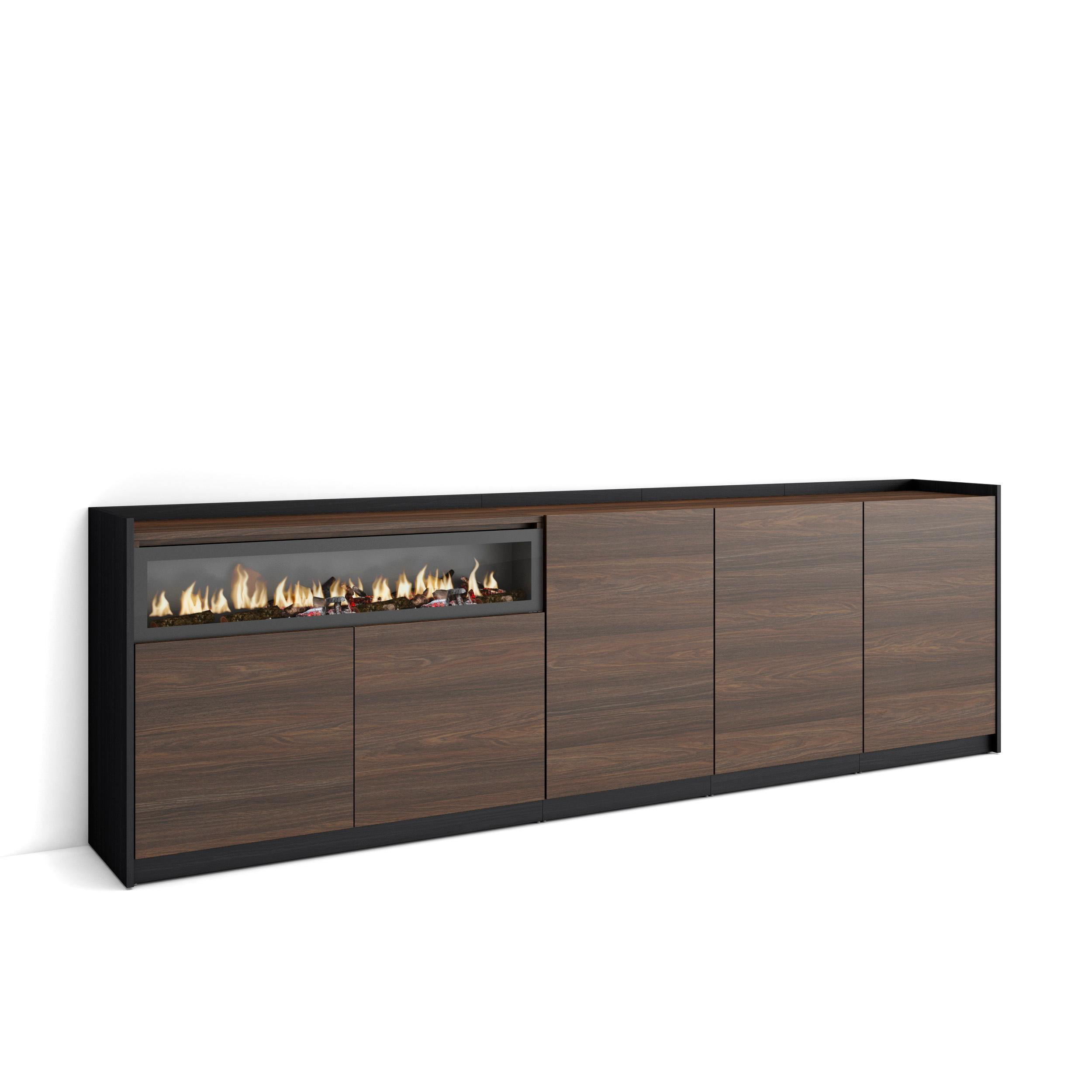 SIDEBOARD, Dunkler Eiche und Schwarz, Elektrokamin, 260/37/80cm - Dunkelbraun, Holzwerkstoff (260/80/37cm) - Skraut Home