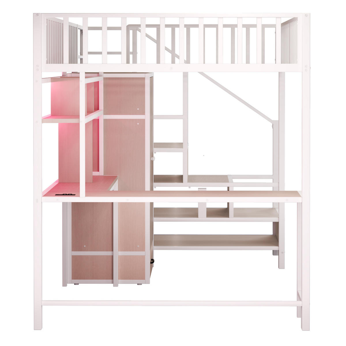 HOCHBETT 140/200 cm Weiß mit Schreibtisch, LED und USB - Weiß, Metall (140/200cm) - MIVRAY
