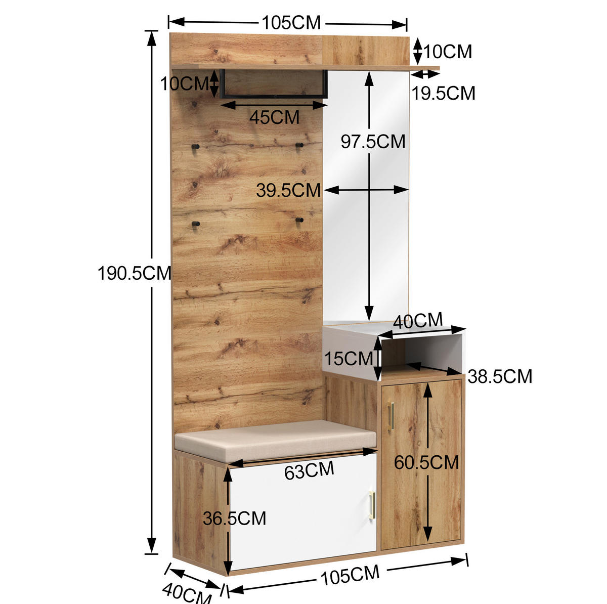 GARDEROBEN-SET mit Spiegel 105 x 40 x 190,5 cm Weiß Holzfarbe - Weiß, Holzwerkstoff (40/190.5/105cm) - Beauniv