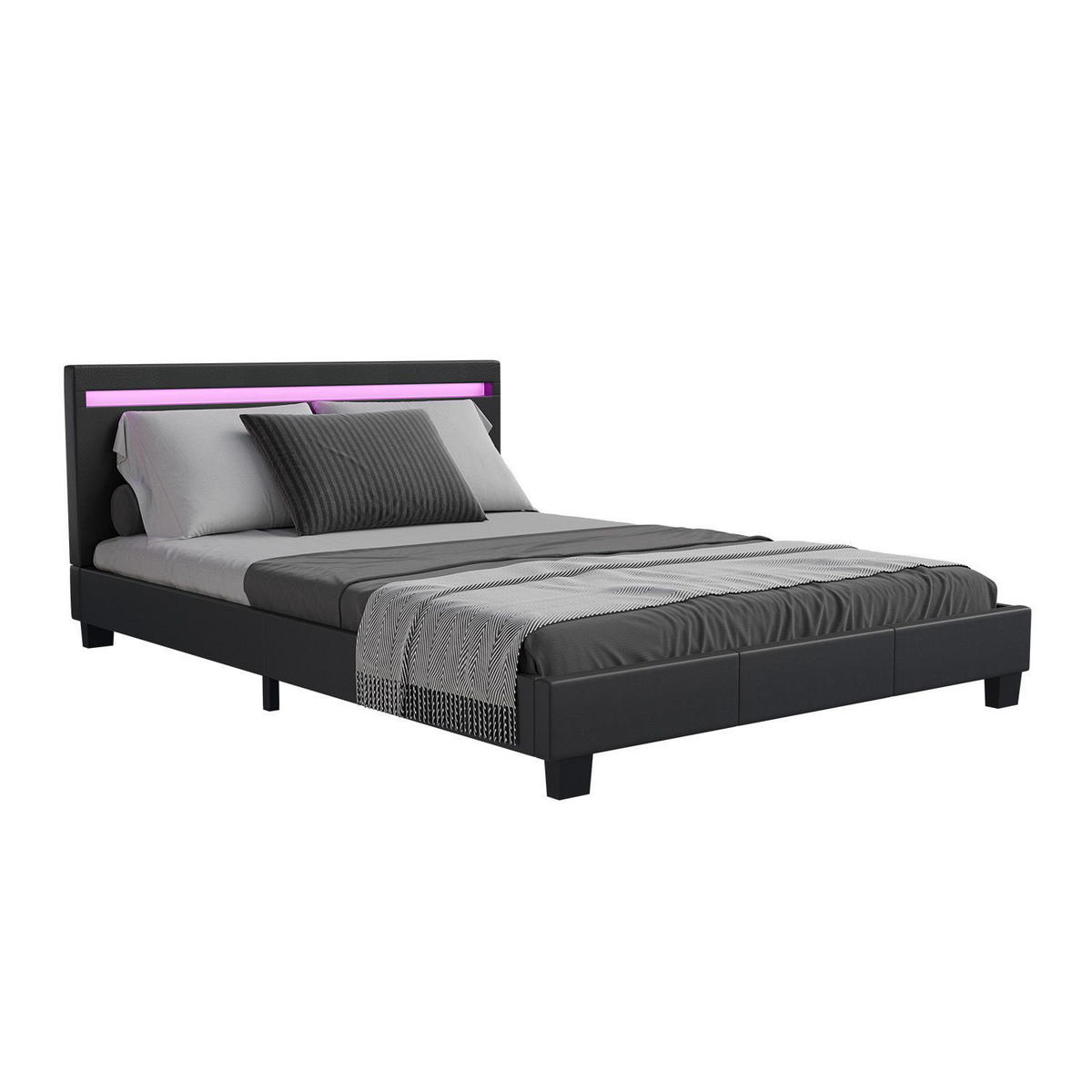 POLSTERBETT Paris schwarz 140x200cm mit Matratze und LED (16 Farben) - Schwarz, Textil (140/200cm) - Juskys