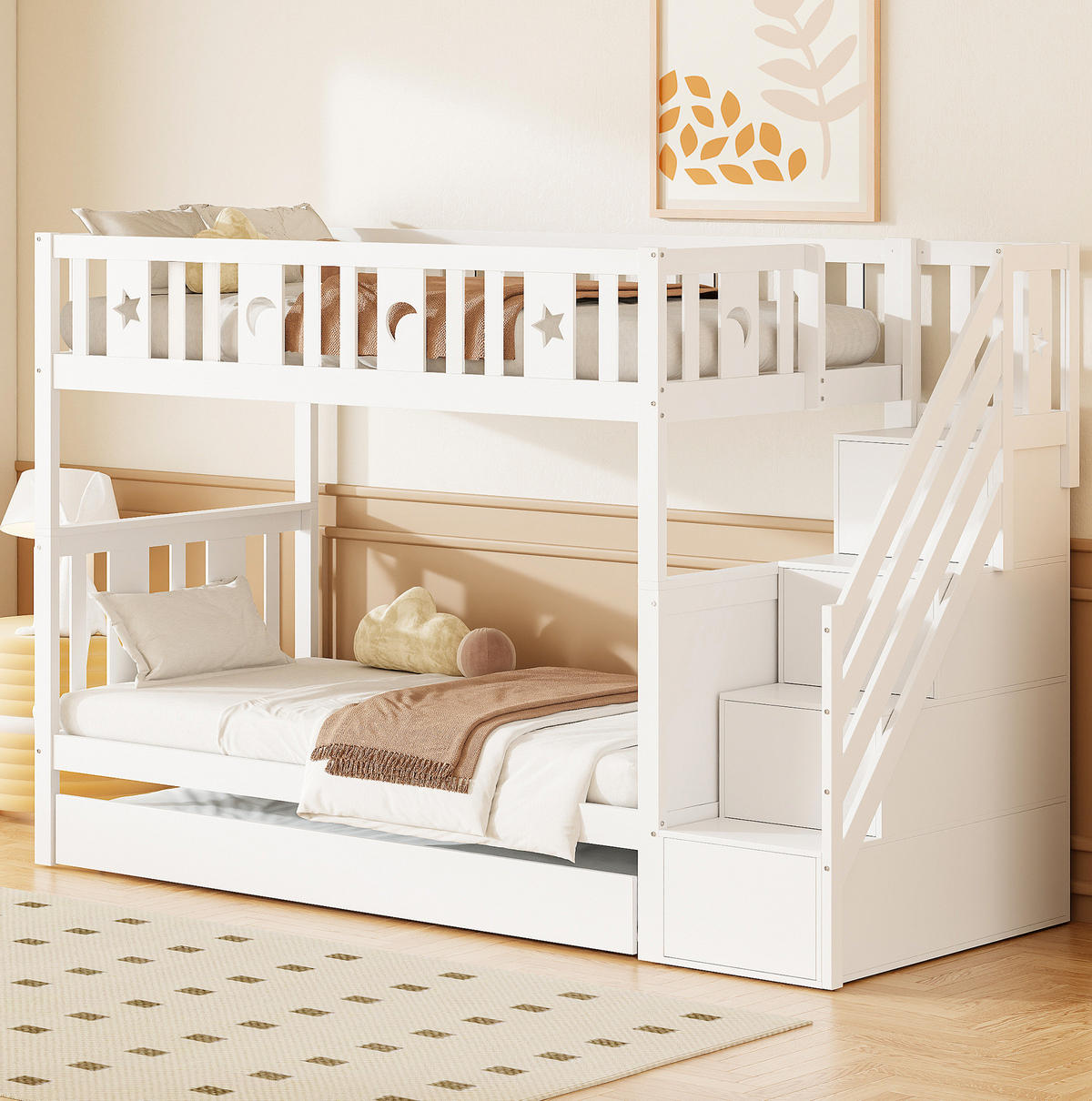 ETAGENBETT 90/200 cm Weiß mit Ausziehbett und Stauraumtreppe - Weiß, Holzwerkstoff (90/200cm) - Flora Grace