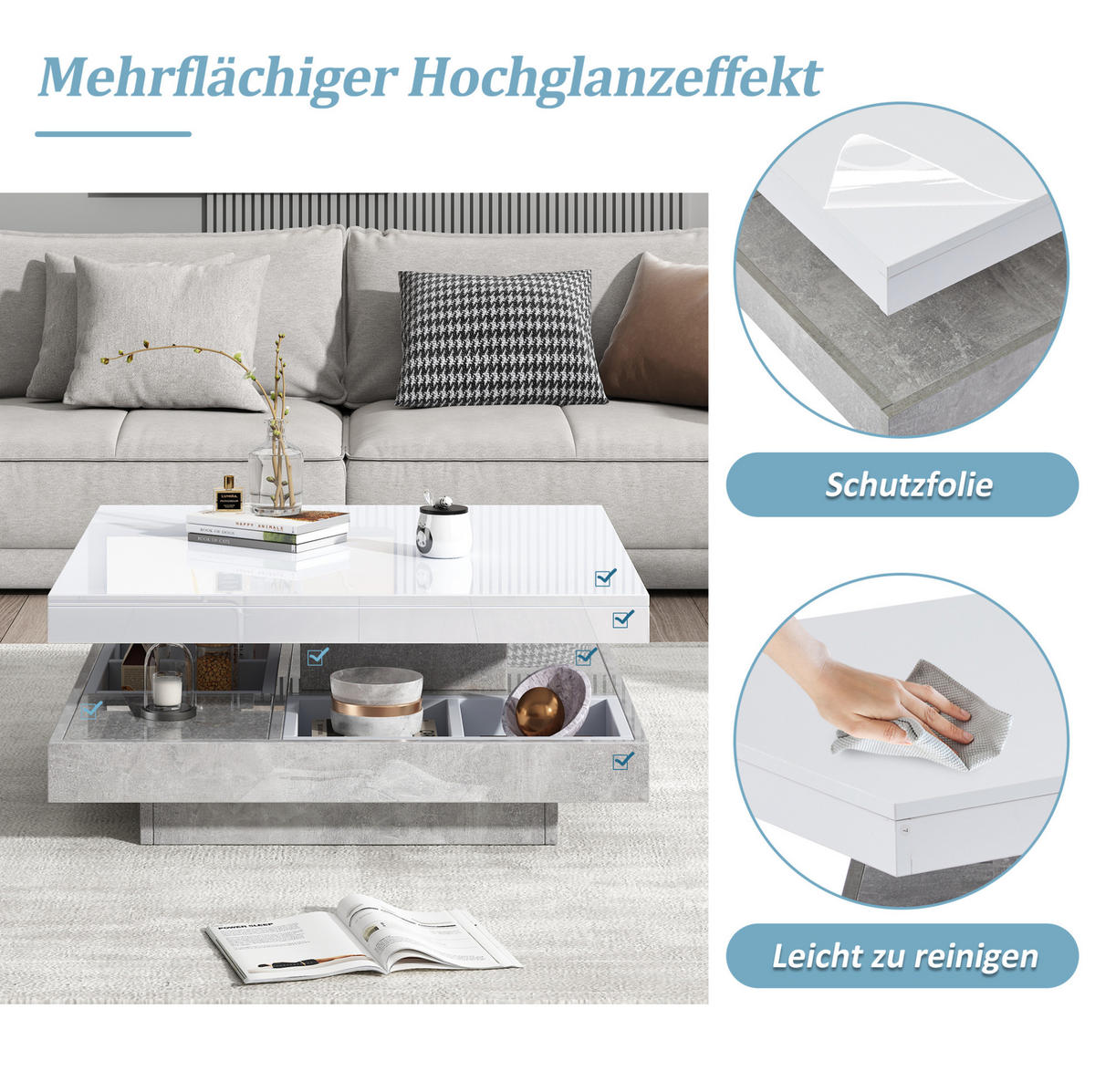 COUCHTISCH aus Spanplatte 70x70x36 cm in Weiß mit 360°-Drehfunktion - Weiß, Holzwerkstoff (70/70/36cm) - Modfu