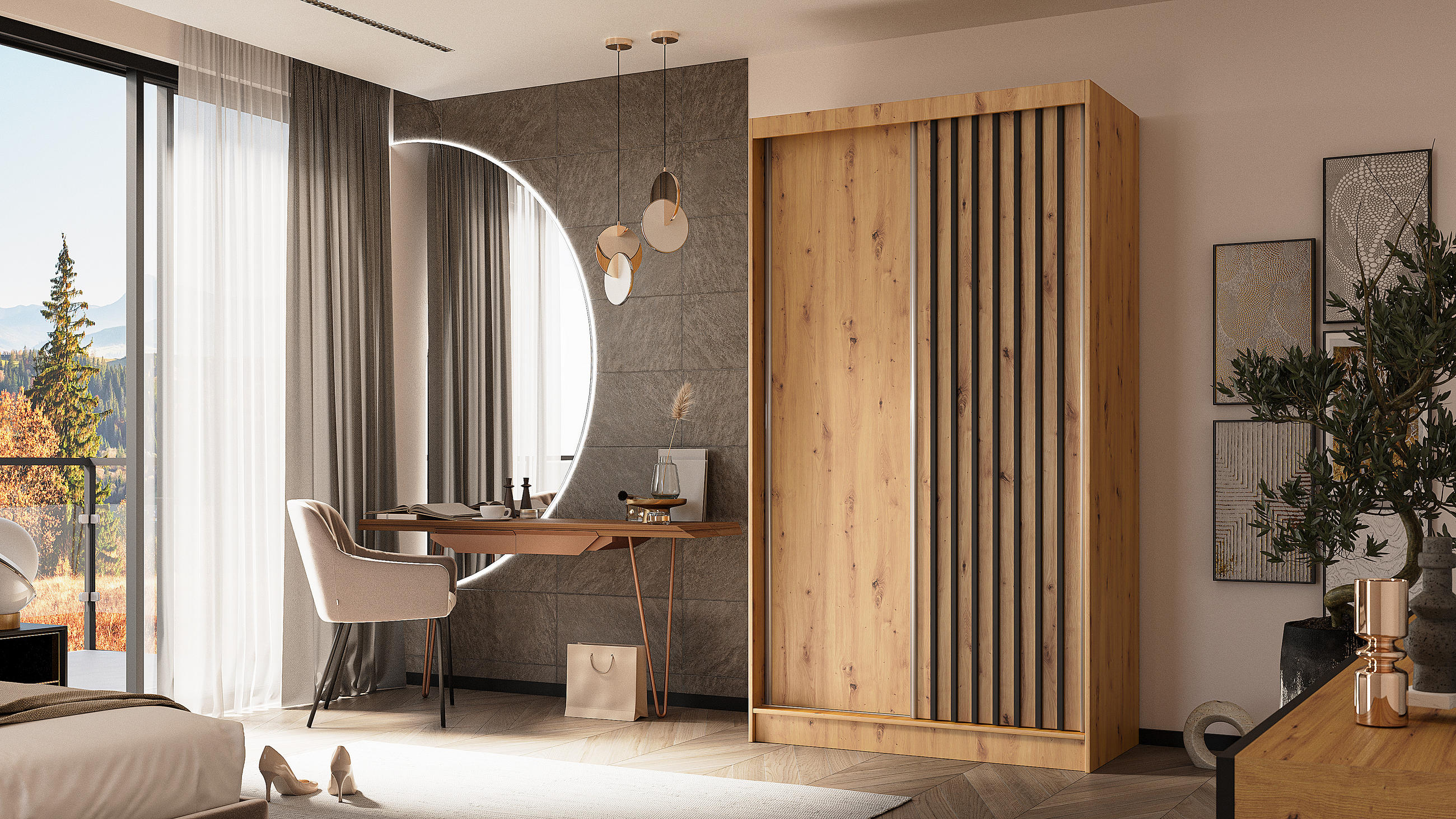 KLEIDERSCHRANK mit furnierten Schiebetüren und Aluminium-Leisten - LABELO - 120 cm Artisan+Artisan+Schwarz - Schwarz/Eiche Artisan, Holzwerkstoff (120/216/61cm) - ALTDECOR
