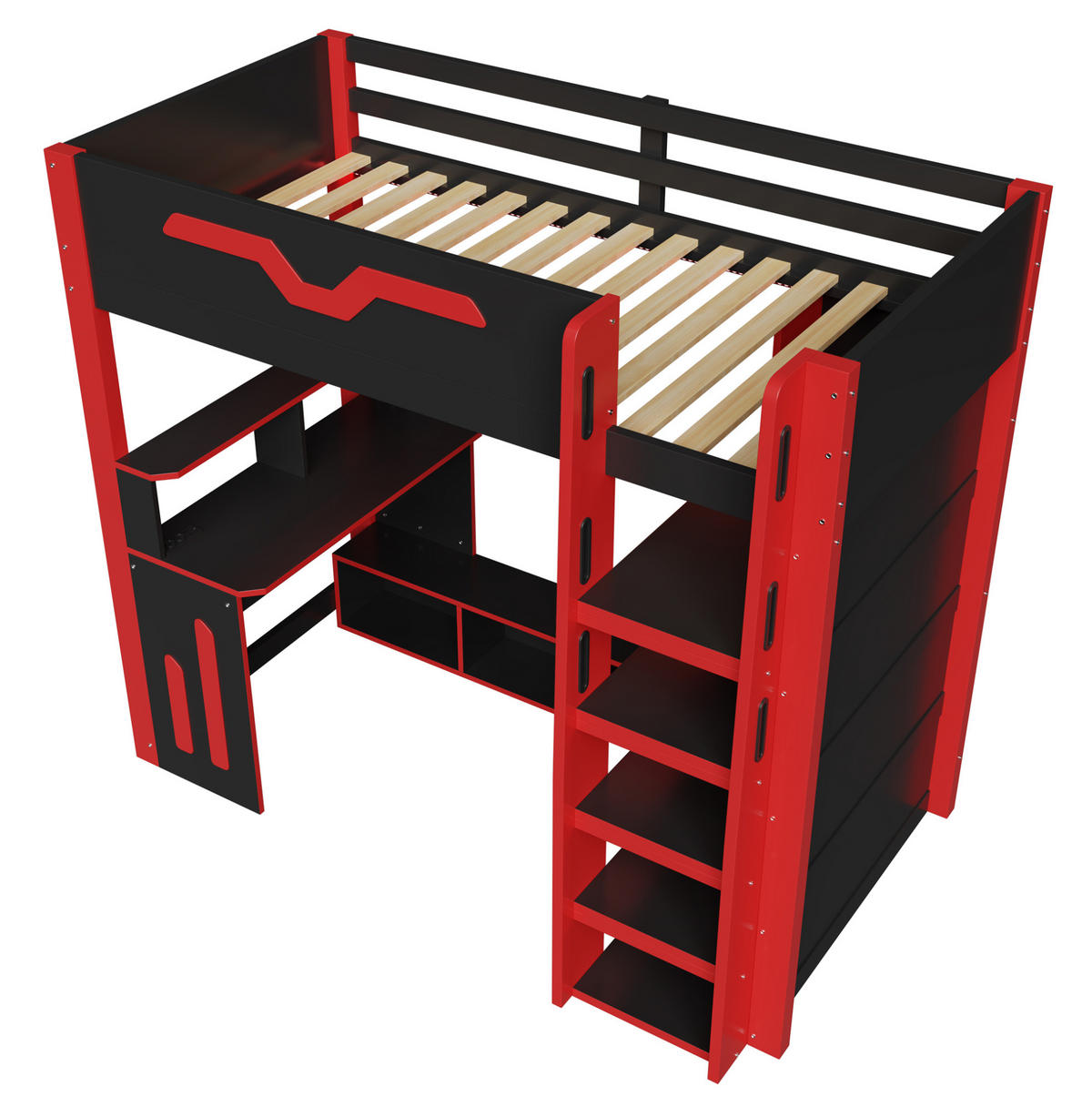HOCHBETT 90/200 cm mit Schreibtisch, LED-Beleuchtung und Stauraumtreppe, MDF/Sperrholz, Schwarz/Rot - Schwarz, Holzwerkstoff (90/200cm) - Redom
