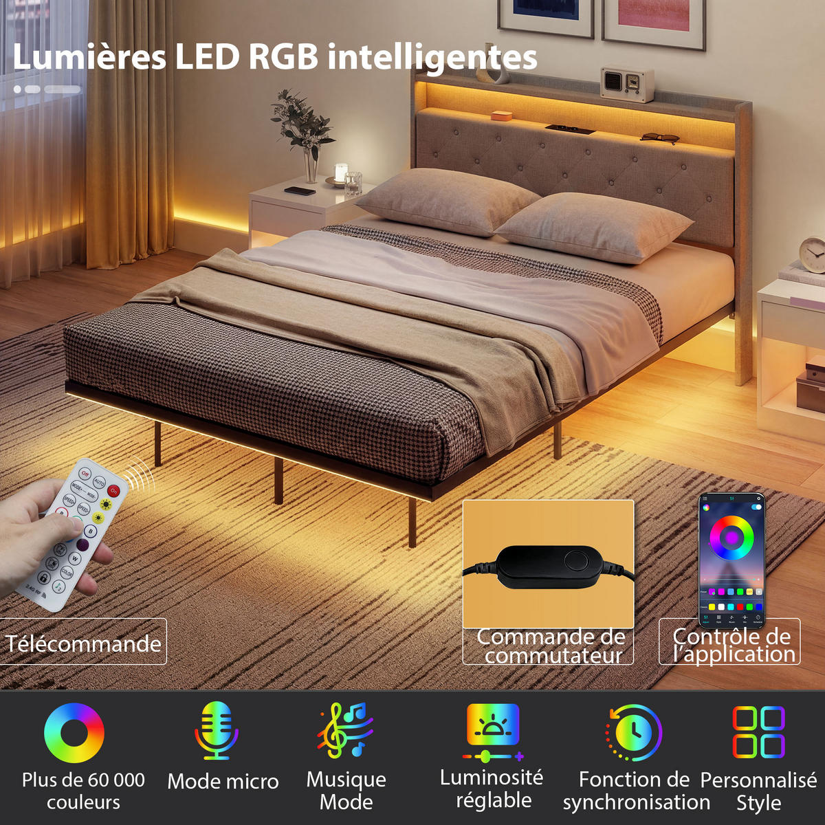 BETT 140x190 cm DE-14674 fliegend mit LED & Ladestation Grau - Grau, Metall (140/190cm) - ComfortXL