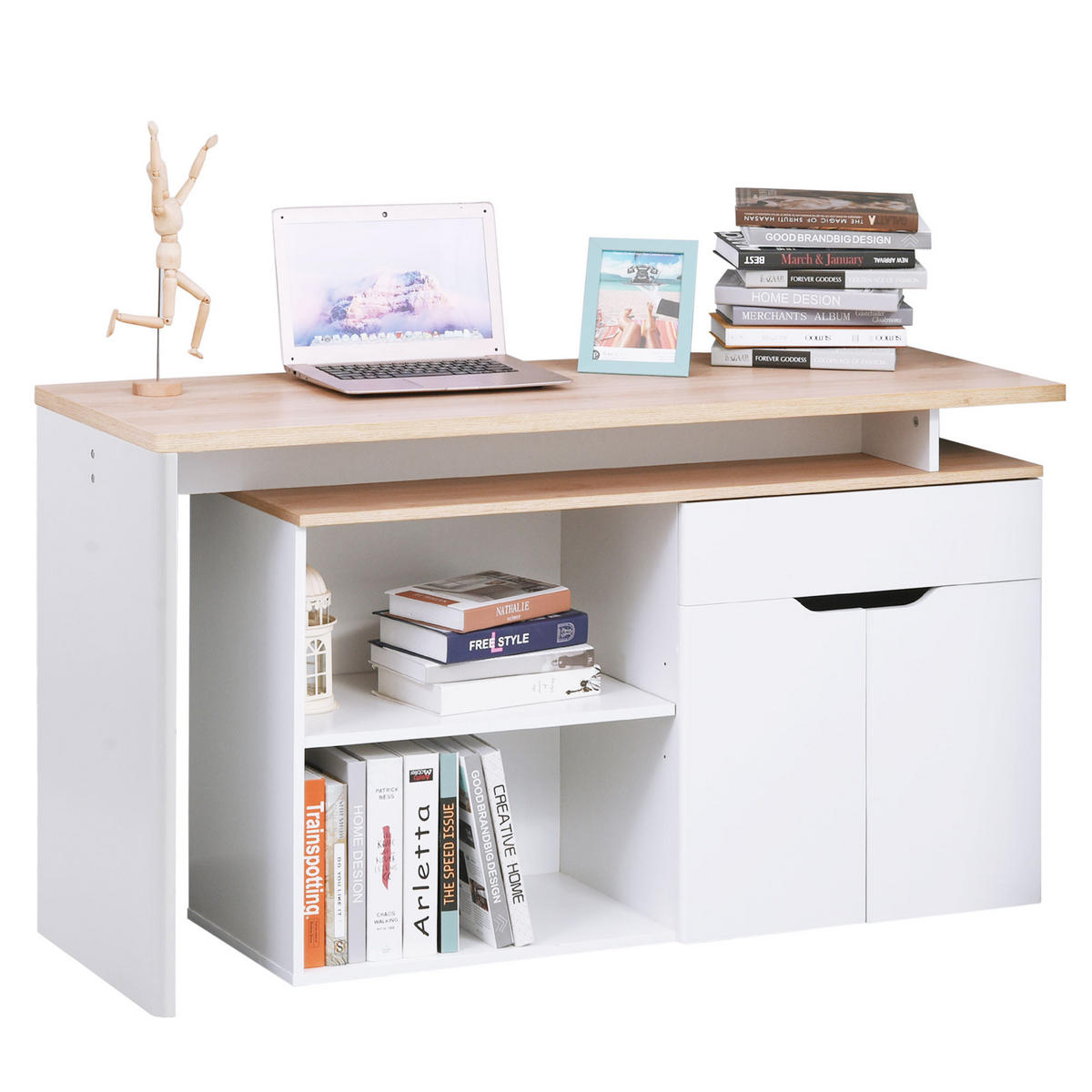 ECKSCHREIBTISCH Weiß und Holzoptik modulbar mit Schublade und Schrank 140/117/76 cm - Weiß, Holz (117/140/76cm) - PANGIVO