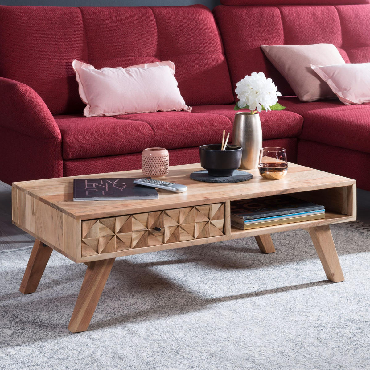 COUCHTISCH Landhausstil Massivholz mit Schublade und Ablagefach, Maße 95x35x50 cm - Beige, Akazienholz/Holz (50/95/35cm) - KADIMA DESIGN