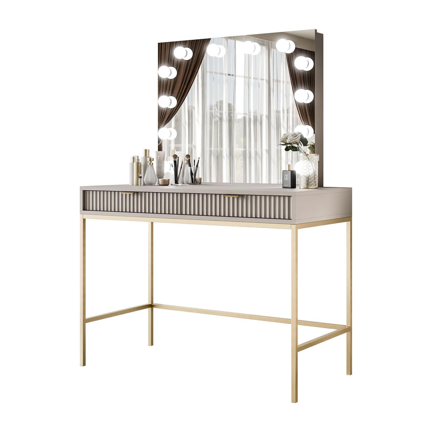 SCHMINKTISCH MIT SPIEGEL CORTADO ELITE GOLD KASCHMIR - Beige, Holzwerkstoff (104/78/50cm) - Lookway
