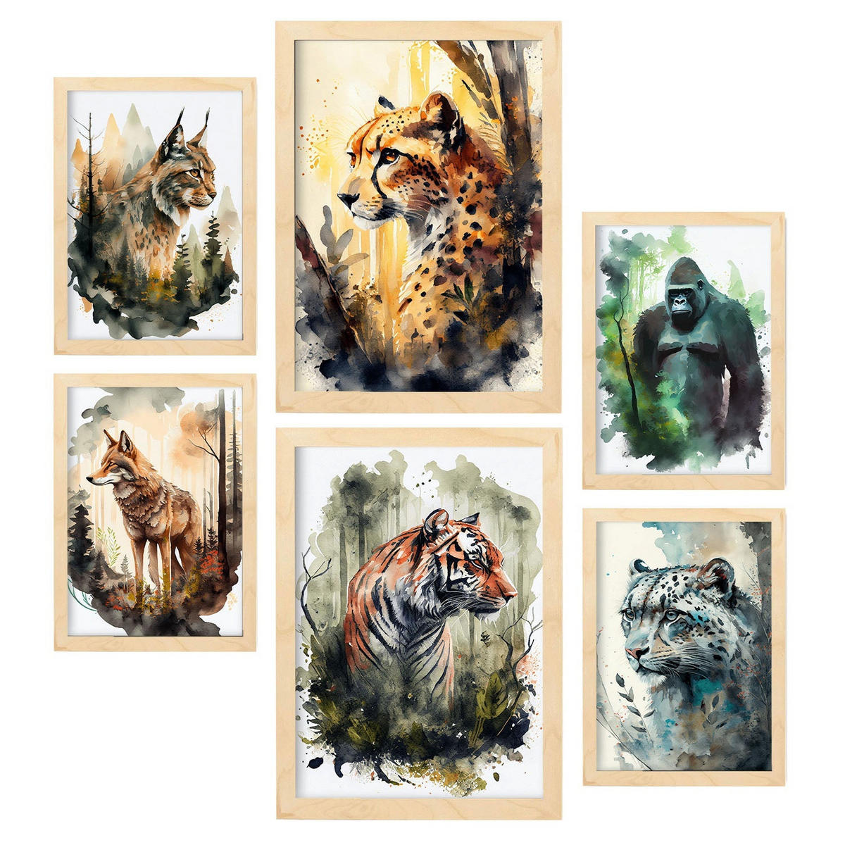 POSTER Set Mit 6 Katzen Illustrationen Von Tieren In Naturlandschaften, Realistischer Aquarellstil Innenarchitektur A3 & A4 Rahmen Aus Hellem Holz - Beige, Papier (29/3cm) - Nacnic