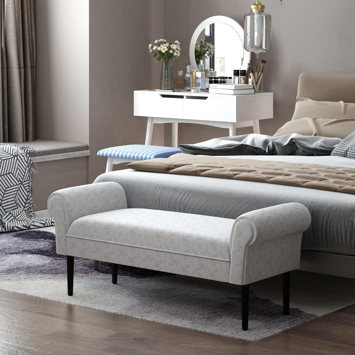 POLSTERBANK Sitzbank Sitzhocker elegant Leinenstoff Hellgrau 132 x 45,5 x 58 cm - Hellgrau, Kunststoff (45.5/58/132cm) - HOMCOM