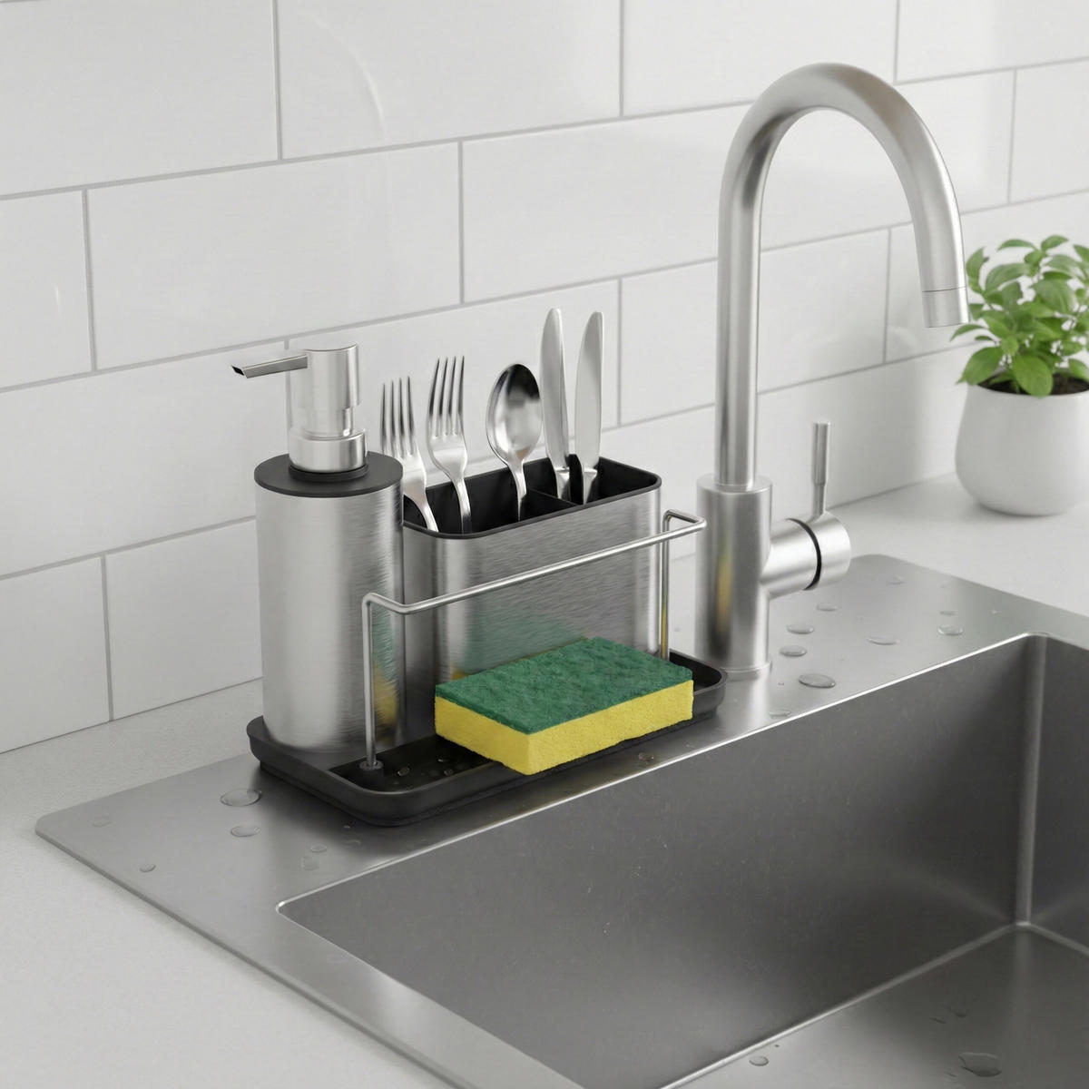 SPÜLBECKEN-ORGANIZER Set - Silberfarben, Kunststoff/Metall (21/19/12cm) - Relaxdays