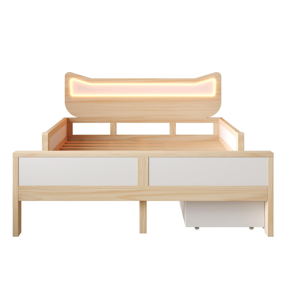 BETT mit Katzenkopfteil und LED 140x200 cm Weiß/Eiche mit Schublade - Weiß, Holz (140/200cm) - Meubliv