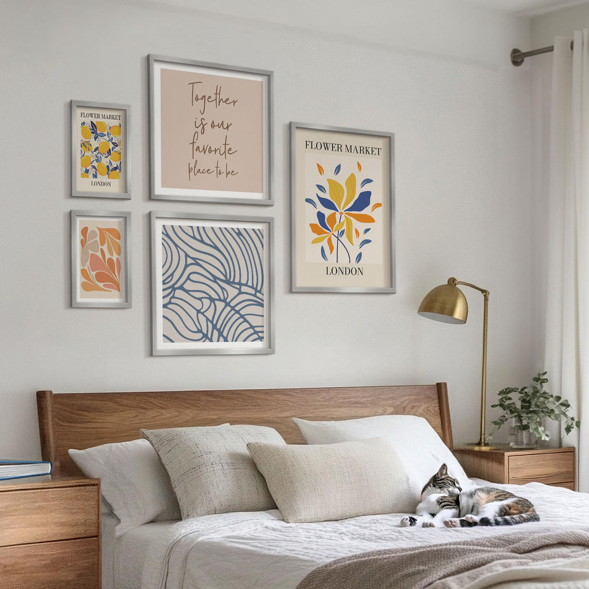 BILDER SET 5er Set - 50x50 cm & 20x30 cm & 40x60 cm Silberner Rahmen - Moderne abstrakte Blumen - Silberfarben, Kunststoff (40/60cm) - TULUP