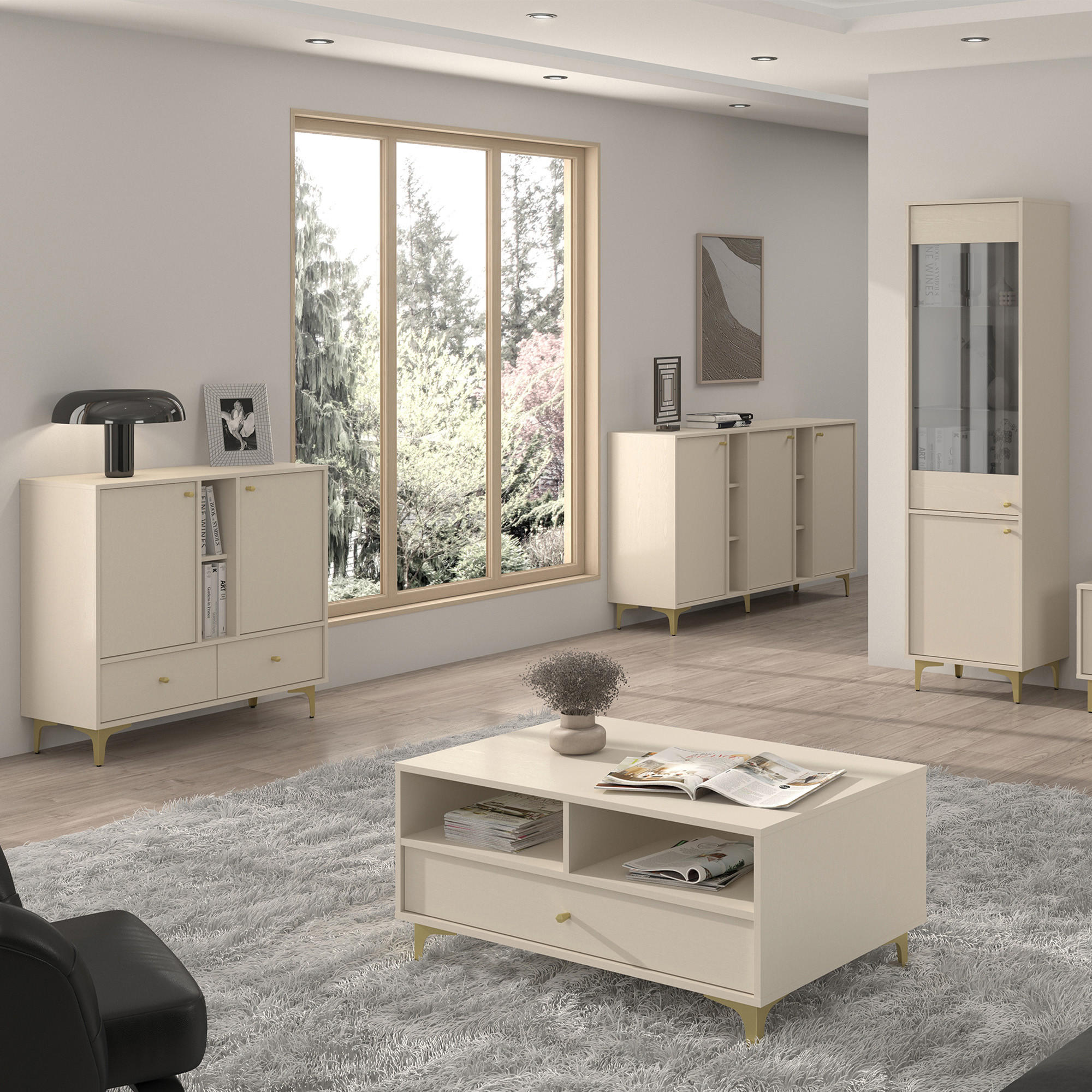 TV-LOWBOARD FLOREN, Creme/Gold - Creme, Holzwerkstoff/Metall (120.6/48.5/40.8cm) - KONSIMO®