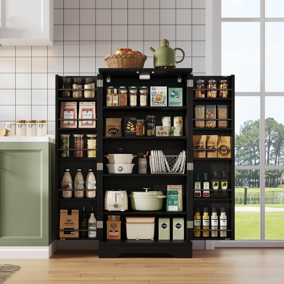 MODERNER Hochschrank aus MDF mit 3D-Wellentüren, LED-Sensorlicht und verstellbaren Regalböden, 120/60/40 cm, Schwarz - Schwarz, Holzwerkstoff (60/120/40cm) - Redom