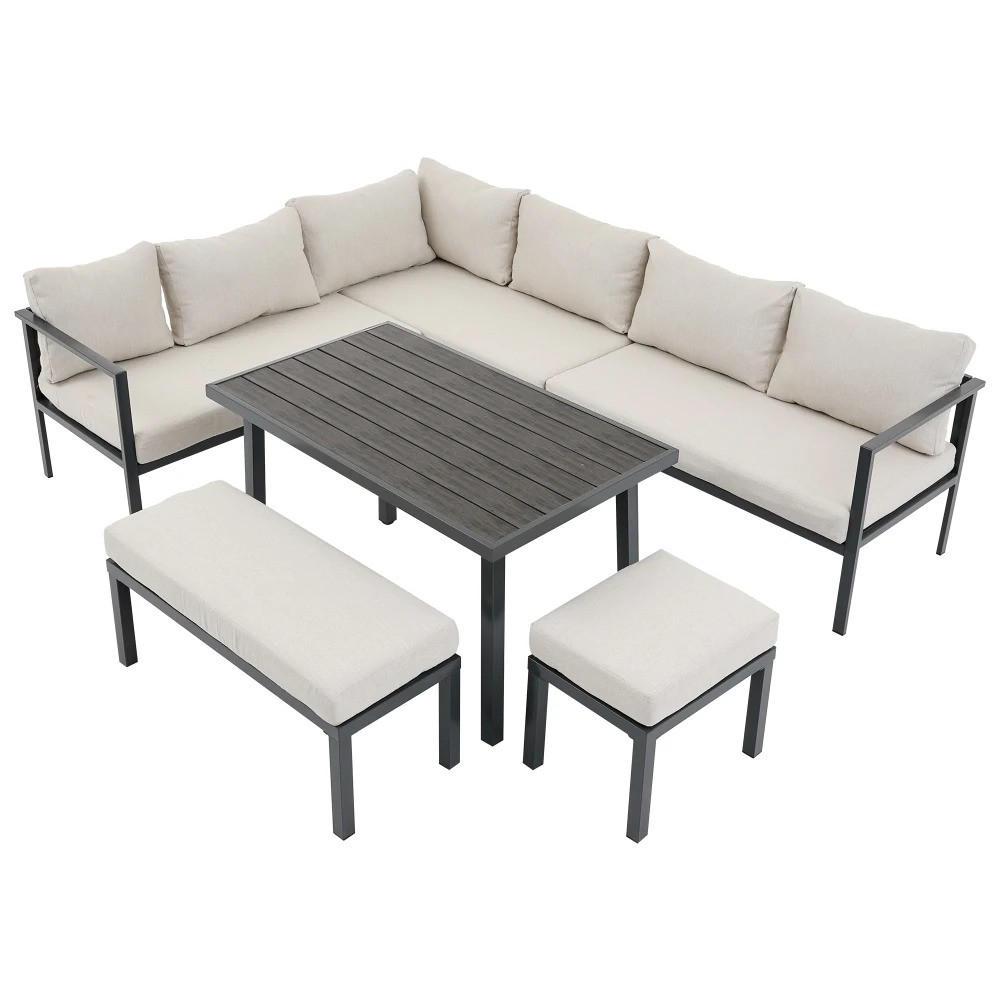 DINING-LOUNGESET 9-teilig, Ecksofa für Terrasse - Beige, Textil - Kaket