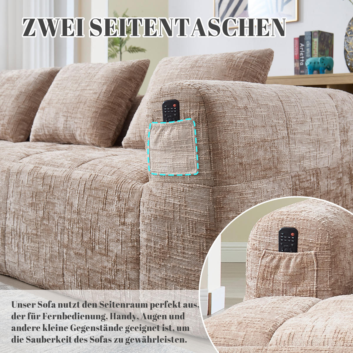 ECKSOFA 250/158/60 cm Khaki mit Seitentasche - Sandfarben, Textil (250/158cm) - Oxeza