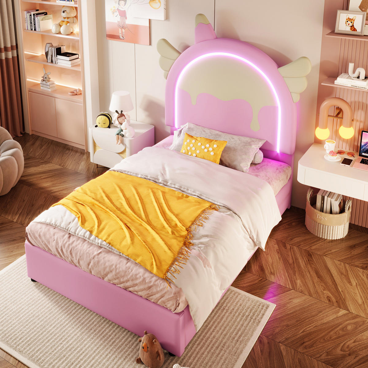POLSTERBETT 90/200 cm Rosa aus PU mit Leuchtleiste - Rosa, Kunststoff (90/200cm) - OKMYHOME