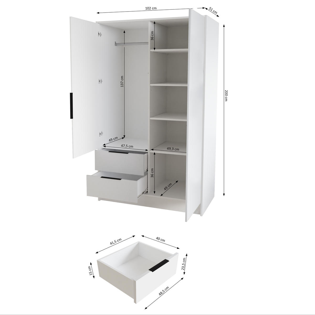 DREHTÜRENSCHRANK CAVA 102/200/51 cm Modern Kleiderschrank 2-türig Schwarz - Schwarz, Holzwerkstoff (102/200/51cm) - MASSENO