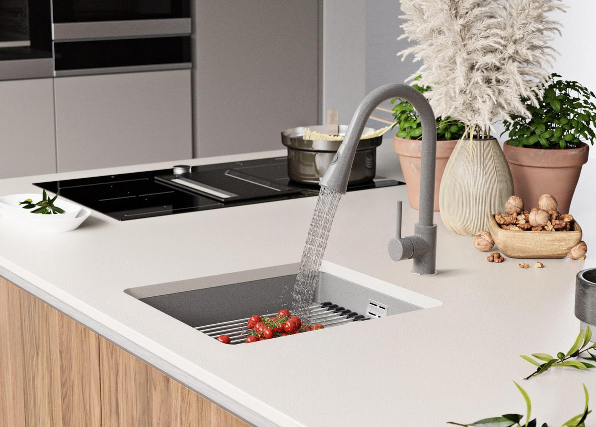 UNTERBAUSPÜLE GRANIT Praga, 2-er set Grau 41/47 cm 1 Becken + Ablauf-Set + Aufrollbare Abtropffläche ab 45er Unterschrank - Chromfarben/Grau, Kunststoff (41/20/47cm) - Primagran