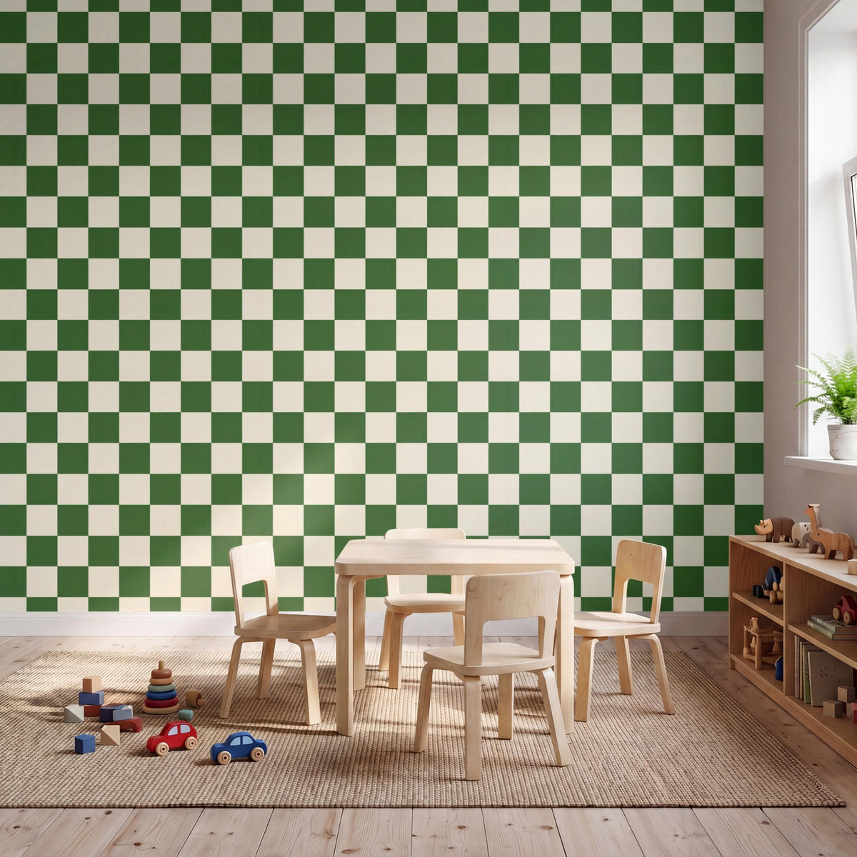 KINDERTAPETE - Schachbrett - Muster - Grün - 350x280 cm - Grün, Papier (350/280cm) - OnlyWow