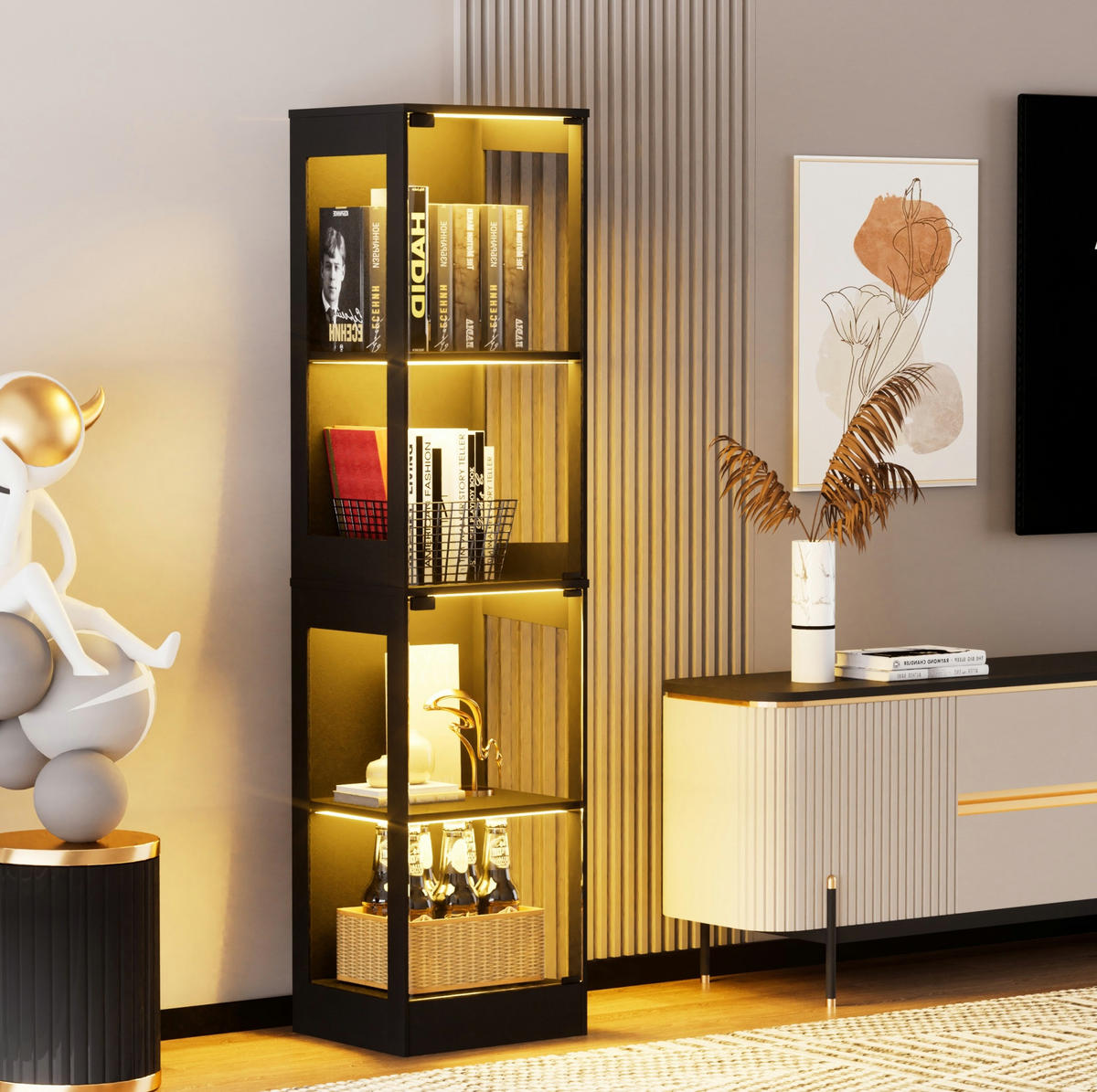 VITRINE aus ABS 40x35x165 cm Akazienholzoptik mit LED-Beleuchtung, Glastüren und Bewegungssensor - Naturfarben, Kunststoff (40/165/35cm) - Modfu