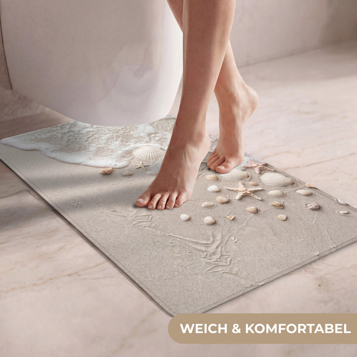 WC-VORLEGER Muscheln - Seesterne - Strand WC Teppich 50x80 cm - Sandfarben, Kunststoff/Textil (50/1cm) - OnlyWow