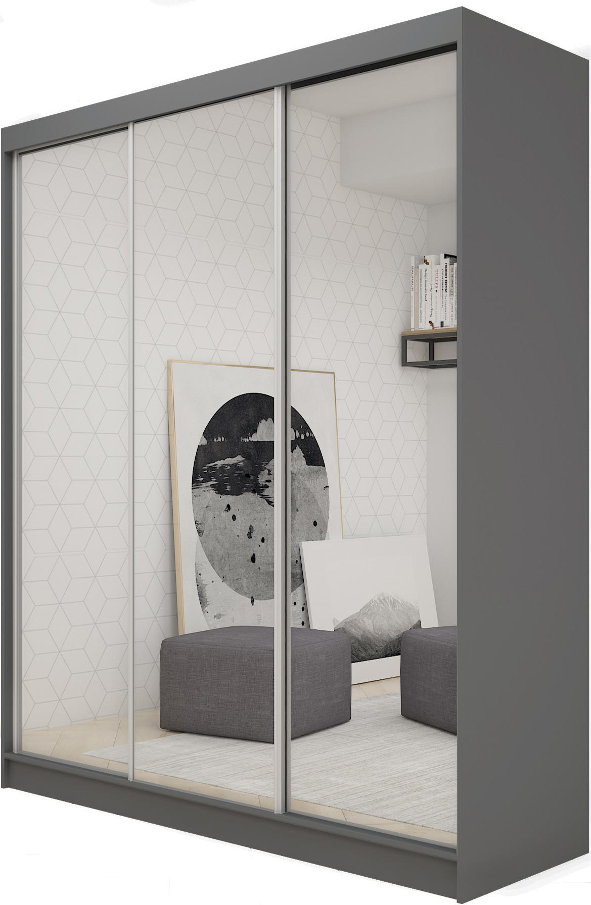 SCHWEBETÜRENSCHRANK Darix 180 cm mit Spiegel, 3-türig, grau - Grau, Kunststoff (180/216/61cm) - Margaret Hadas24