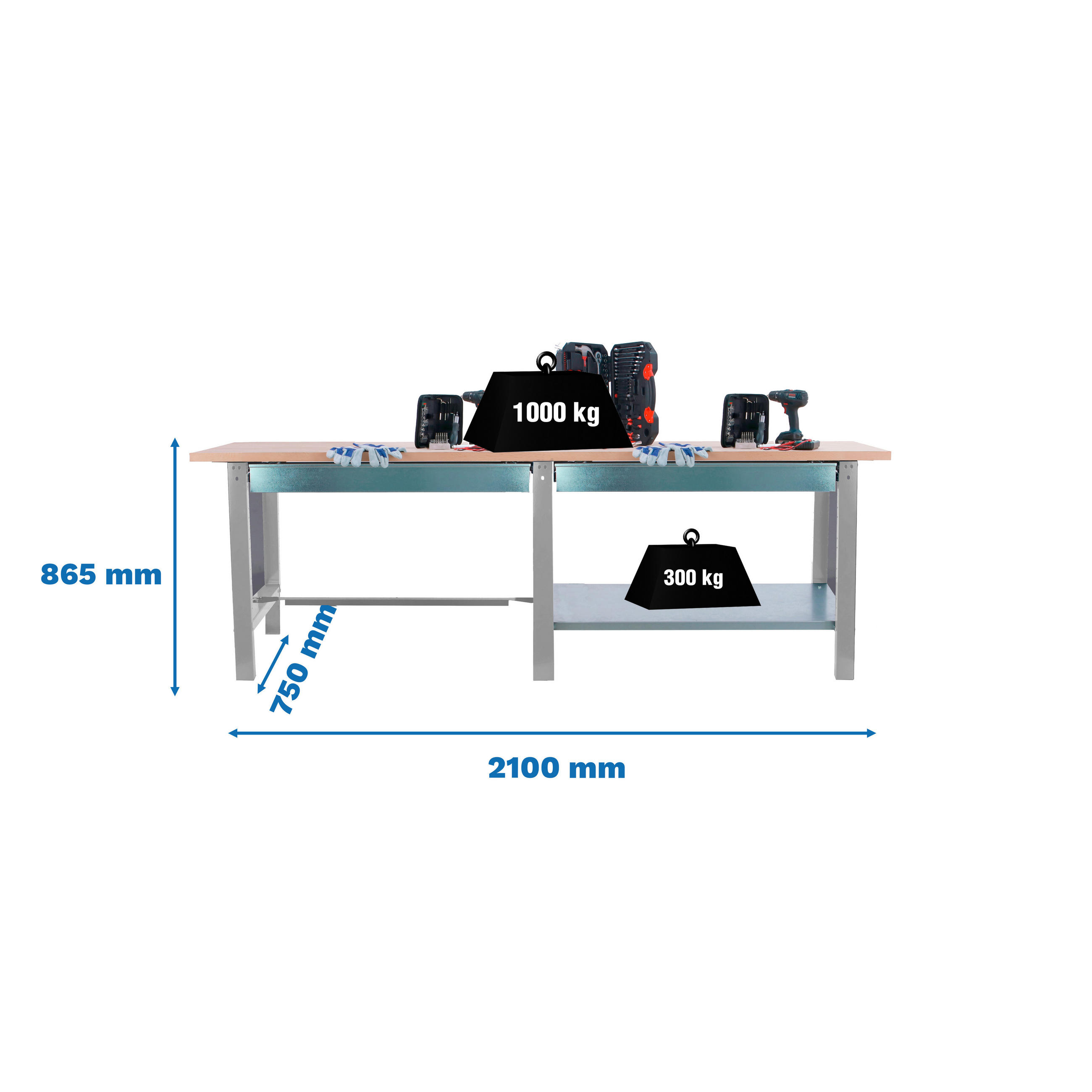 WERKBANK Buffalo Wood mit 2x Schublade HxBxT 86,5 x 210 x 75 cm Traglast 1000 kg Grau - Grau, Metall (210/86.5/75cm) - PROREGAL