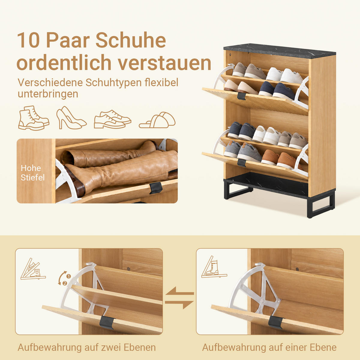 SCHUHSCHRANK Holzoptik & Schwarz mit Marmor - Naturfarben, Holzwerkstoff (60/88/24cm) - SoBuy