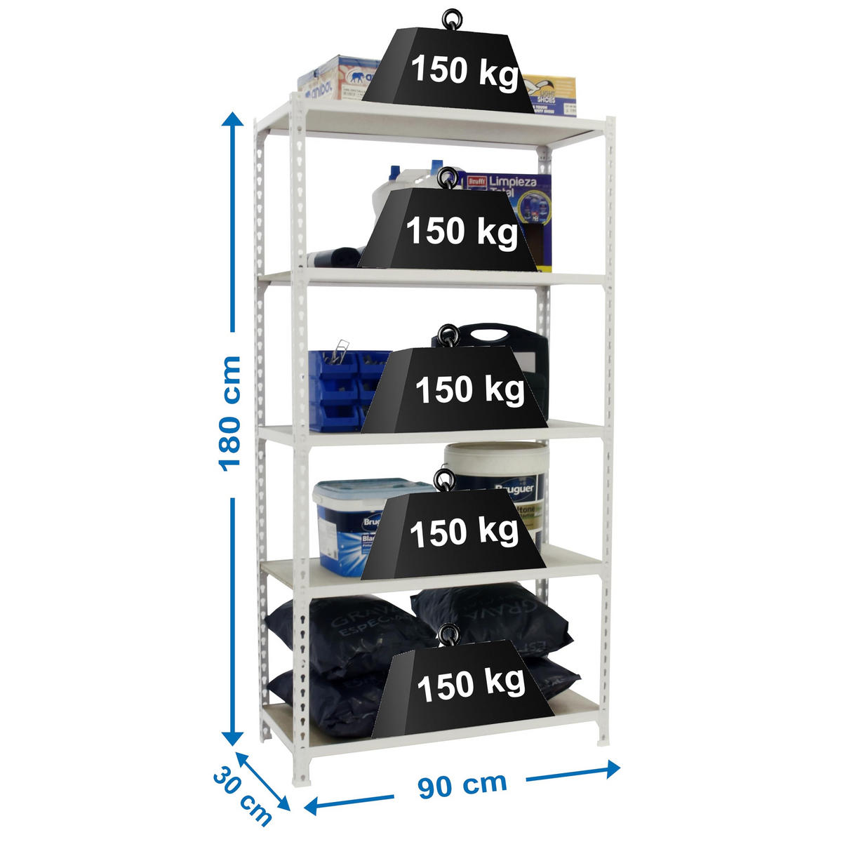SCHWERLASTREGAL Muli HxBxT 180 x 90 x 30 cm 5 Fachböden Fachlast 150 kg Weiß - Weiß, Metall (90/180/30cm) - PROREGAL