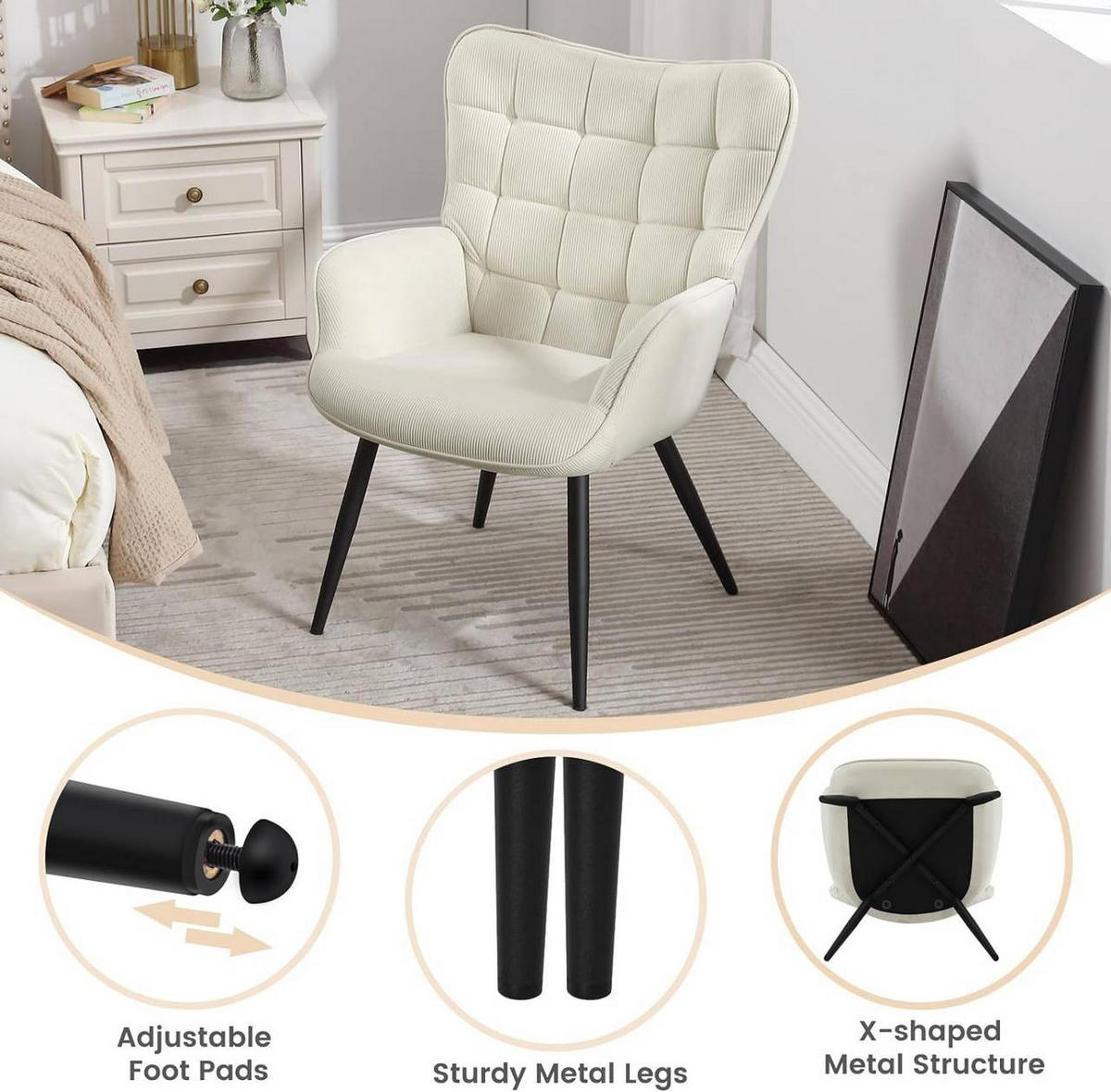 RELAXSESSEL mit Cordbezug , Metallbeine, Cremeweiß - Creme/Schwarz, Textil/Metall (63.5/87/68cm) - Woltu