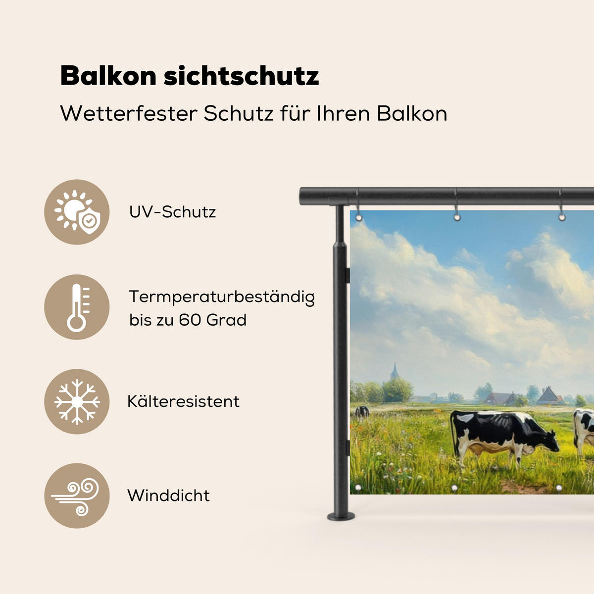 BALKON-SICHTSCHUTZ Kühe - Windmühle - Wiese - Blau - Grün, Kunststoff (300/75cm) - MuchoWow