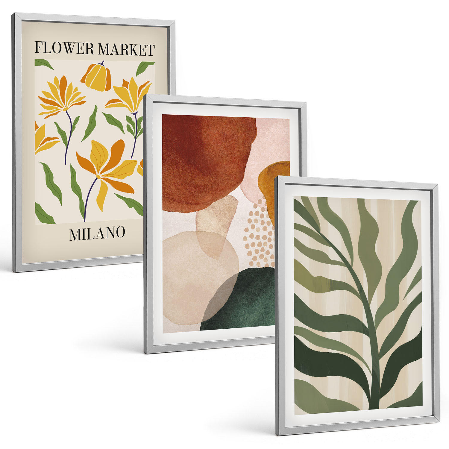 BILDER SET 3er Set - 40x60 cm Silberner Rahmen - Florale abstrakte Formen - Silberfarben, Kunststoff (40/60cm) - TULUP