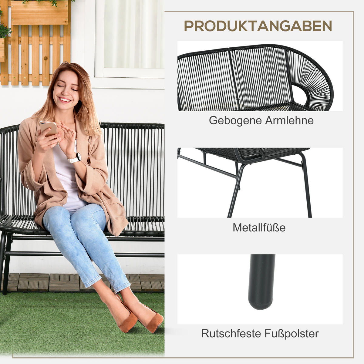 POLYRATTAN Sitzbank 2-Sitzer Rattanbank Gartenbank, für Terrasse, Balkon, Stahl - Schwarz, Metall (72/83/132cm) - Outsunny