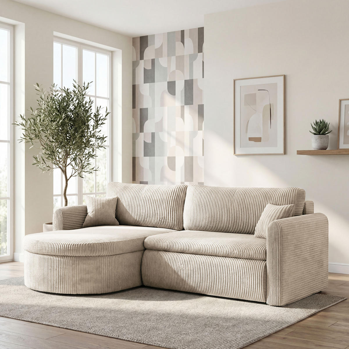 ECKSOFA Cora mit Schlaffunktion & Stauraum, Universell Rechts/Links, Creme Cord Chenille 260/82/160 cm - Creme/Schwarz, Kunststoff/Textil (250/160cm) - WFL GROUP