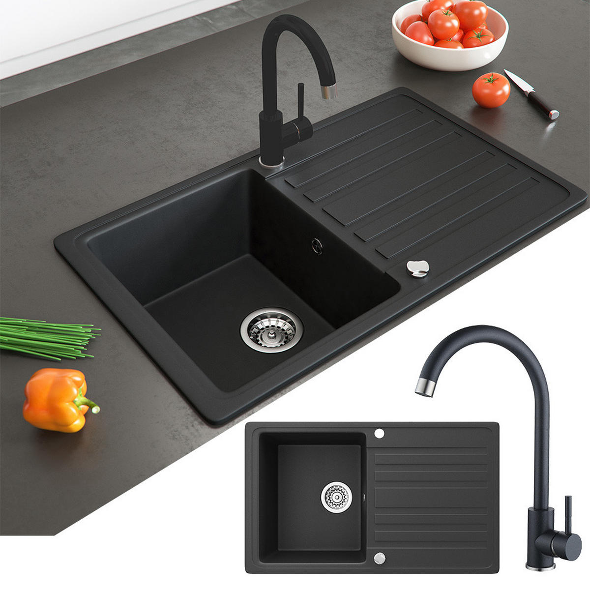 GRANITSPÜLE Schwarz 76.5 x 46 cm mit Armatur Schwarz - Schwarz, Keramik (76.5/19/46cm) - Bergstroem