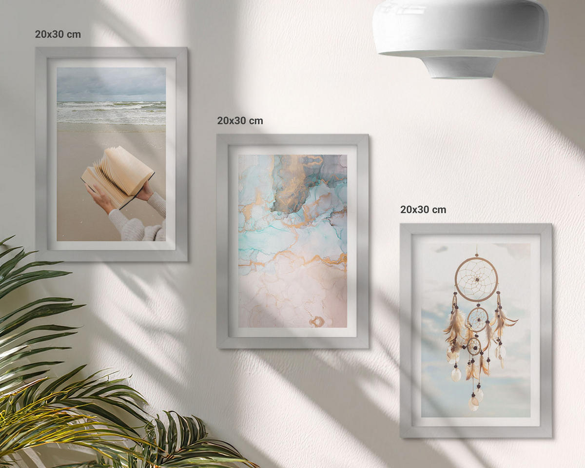 BILDER SET 3er Set - 20x30 cm Silberner Rahmen - Abstraktes Meeresbuch Boho - Silberfarben, Kunststoff (20/30cm) - TULUP