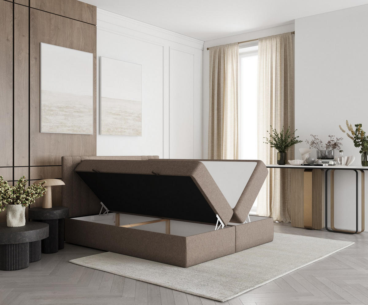 BOXBETT Mallo Dunkelbeige 180/200 cm mit Matratze und Topper - Hellbraun/Schwarz, Holz/Holzwerkstoff (180/200cm) - Maison de Reve