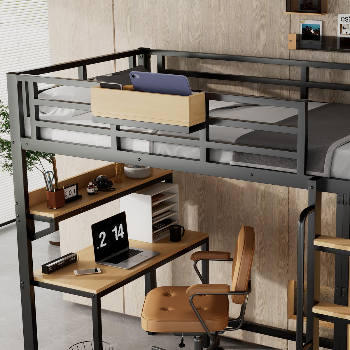 HOCHBETT 90/200 cm in Schwarz & Natur mit Kleiderschrank, Schreibtisch und Regal - Schwarz, Holzwerkstoff/Metall (90/200cm) - STILVORA