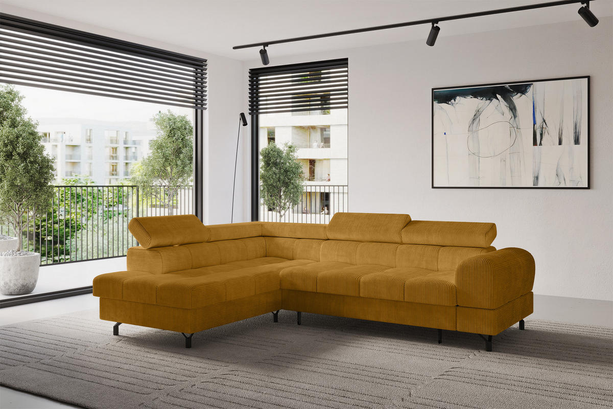 ECKSOFA mit Schlaffunktion Ottomane Links LUMA-L 272x203x70 Senfgelb Cord - Schwarz/Honig, Holzwerkstoff/Kunststoff (272/203cm) - ALTDECOR