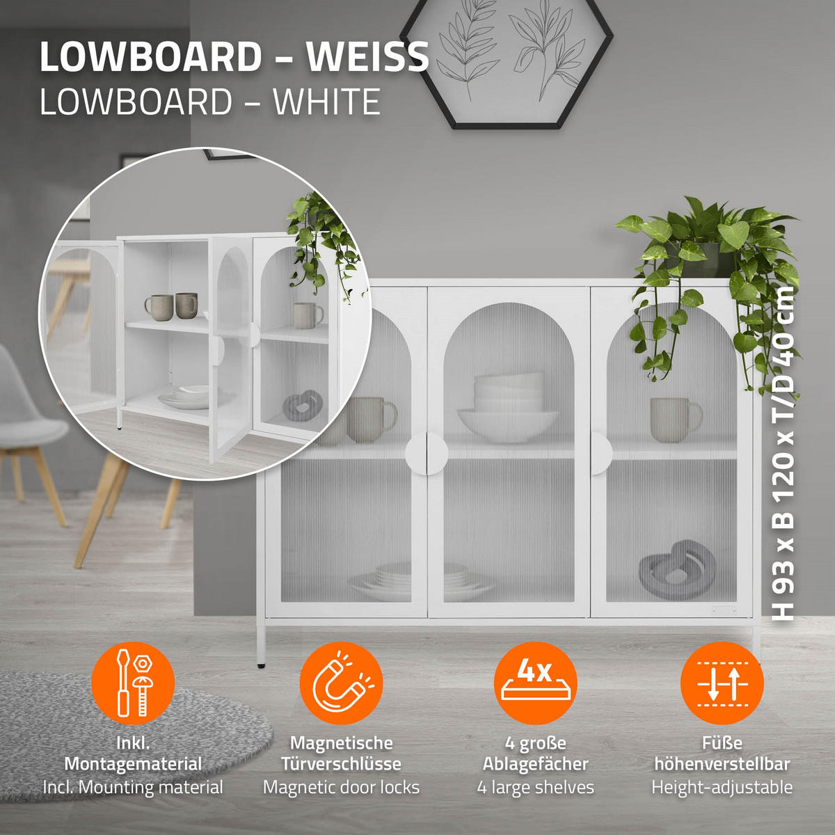 VITRINENSCHRANK aus Stahl 120x93x40 cm Weiß mit 3 Türen - Weiß, Metall (120/93/40cm) - ML-DESIGN