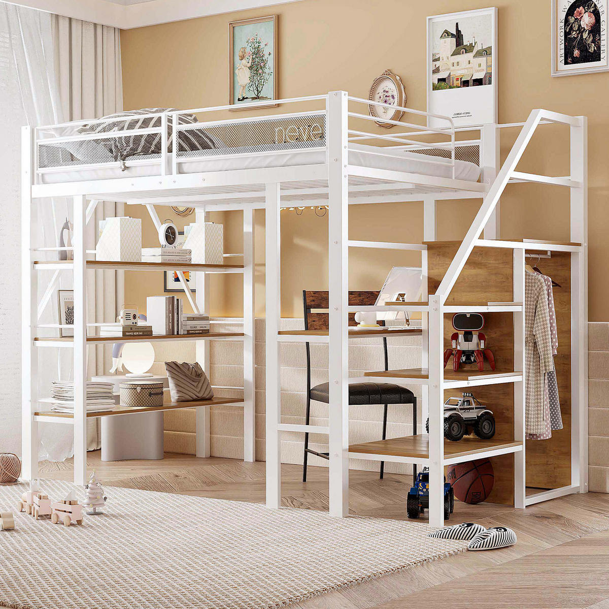 HOCHBETT 140/200 cm Weiß mit Schreibtisch und Dreilagigem Ablageregal aus Metall - Weiß, Metall (140/200cm) - OKWISH