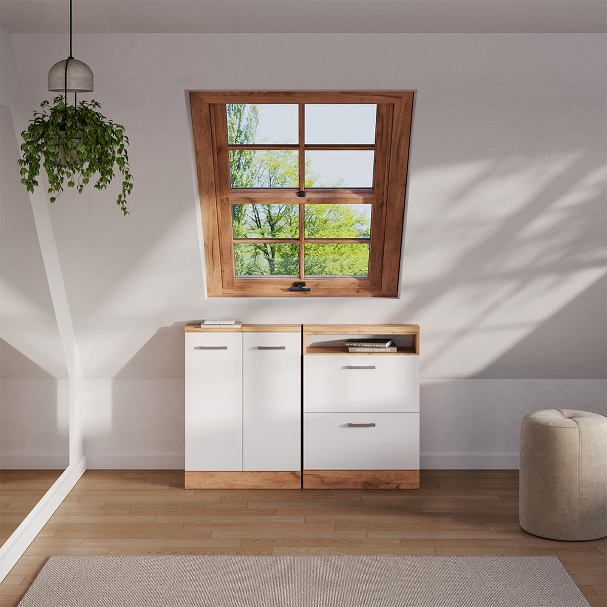 DACHSCHRÄGENSCHRANK-SET Rion Weiß Hochglanz/Goldkraft Eiche 2er Set - Honigeiche/Weiß Hochglanz, Holzwerkstoff (120/81.6/46cm) - Vicco