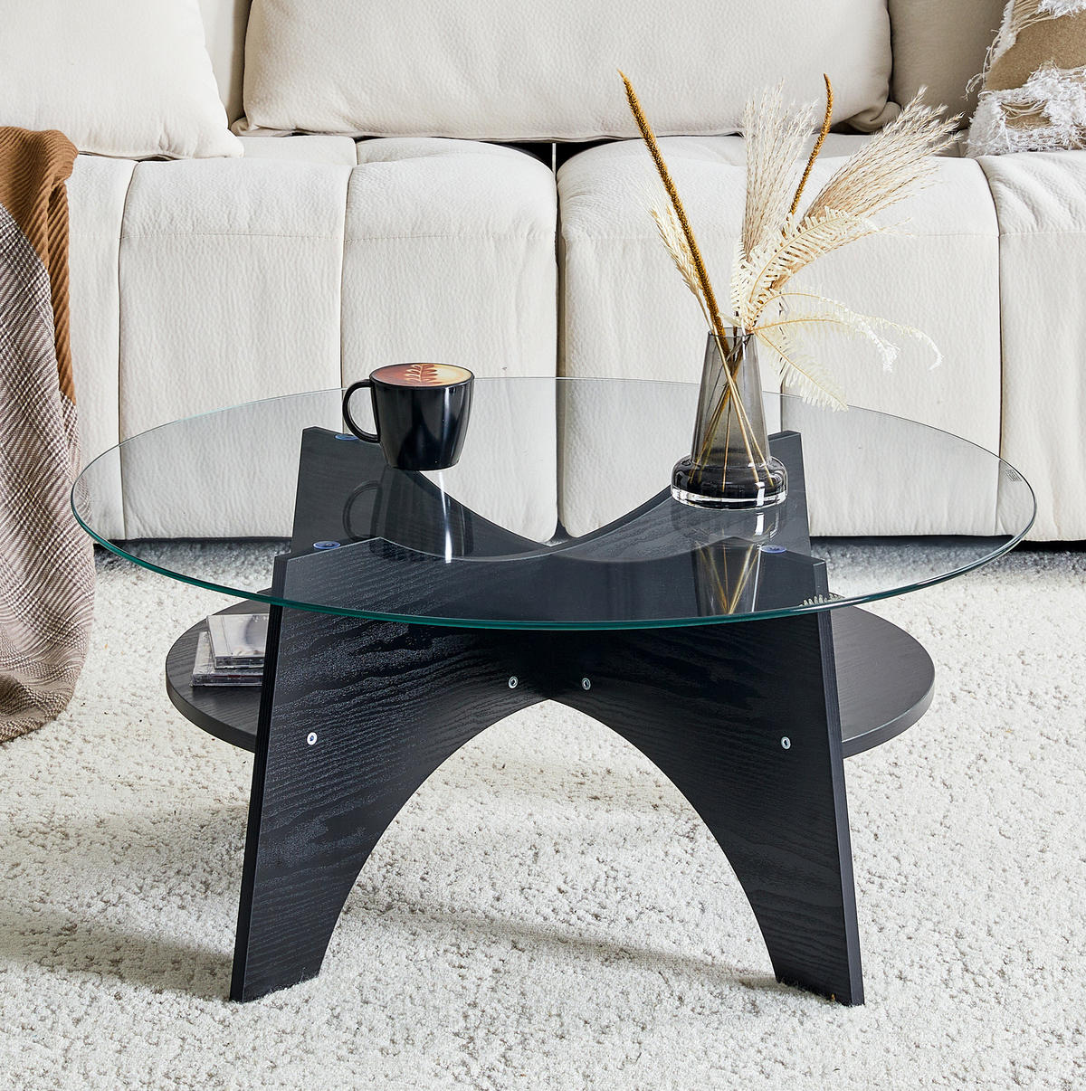 BEISTELLTISCH 80/36 cm Schwarz/Transparent aus MDF und Sicherheitsglas mit fächerförmigem Gestell - Schwarz, Holzwerkstoff (80/80/36cm) - OKMYHOME