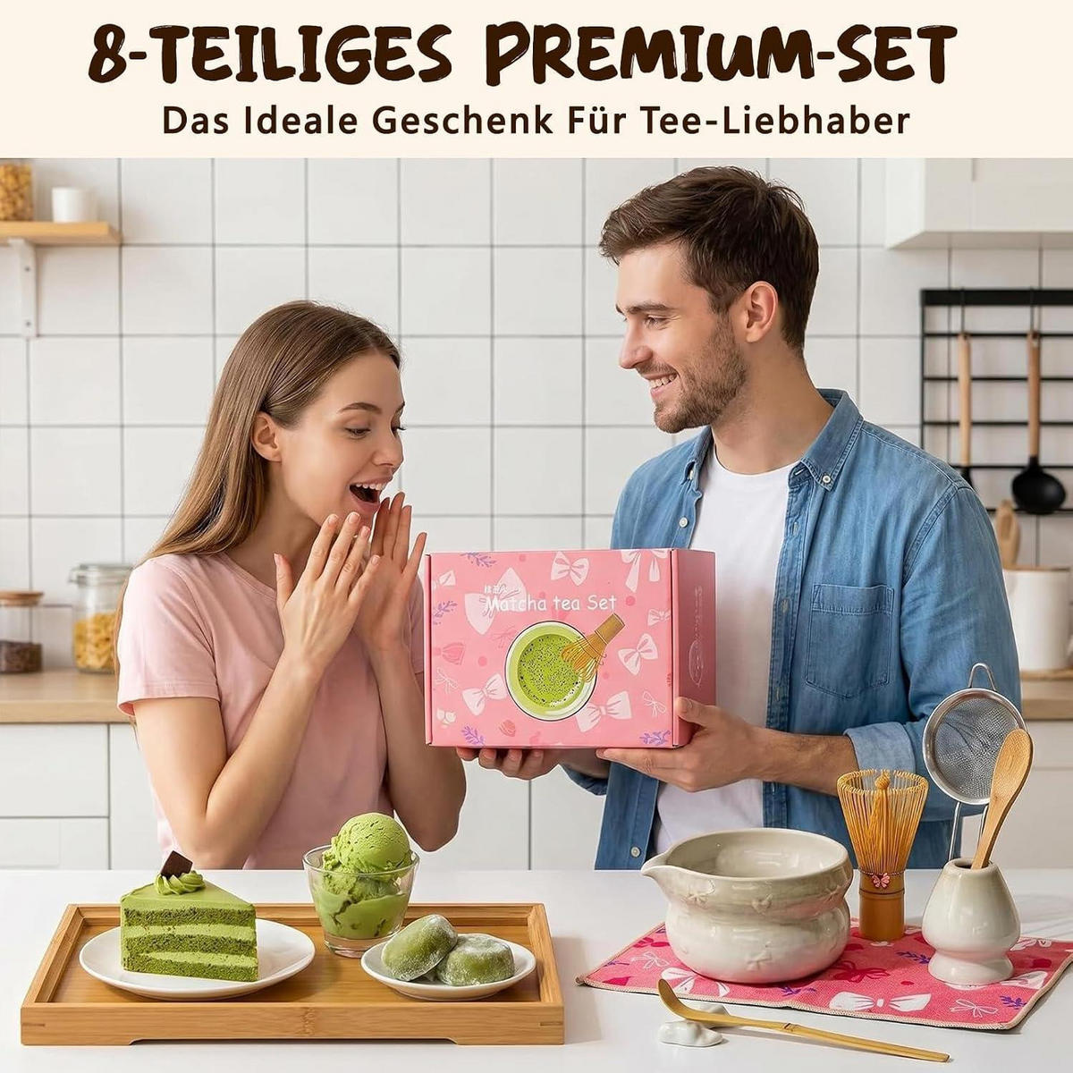 MATCHA Set 8-teilig Keramikschale Bambusbesen Halter Löffel Sieb Tuch Weiß - Weiß, Keramik (16/12/30cm)