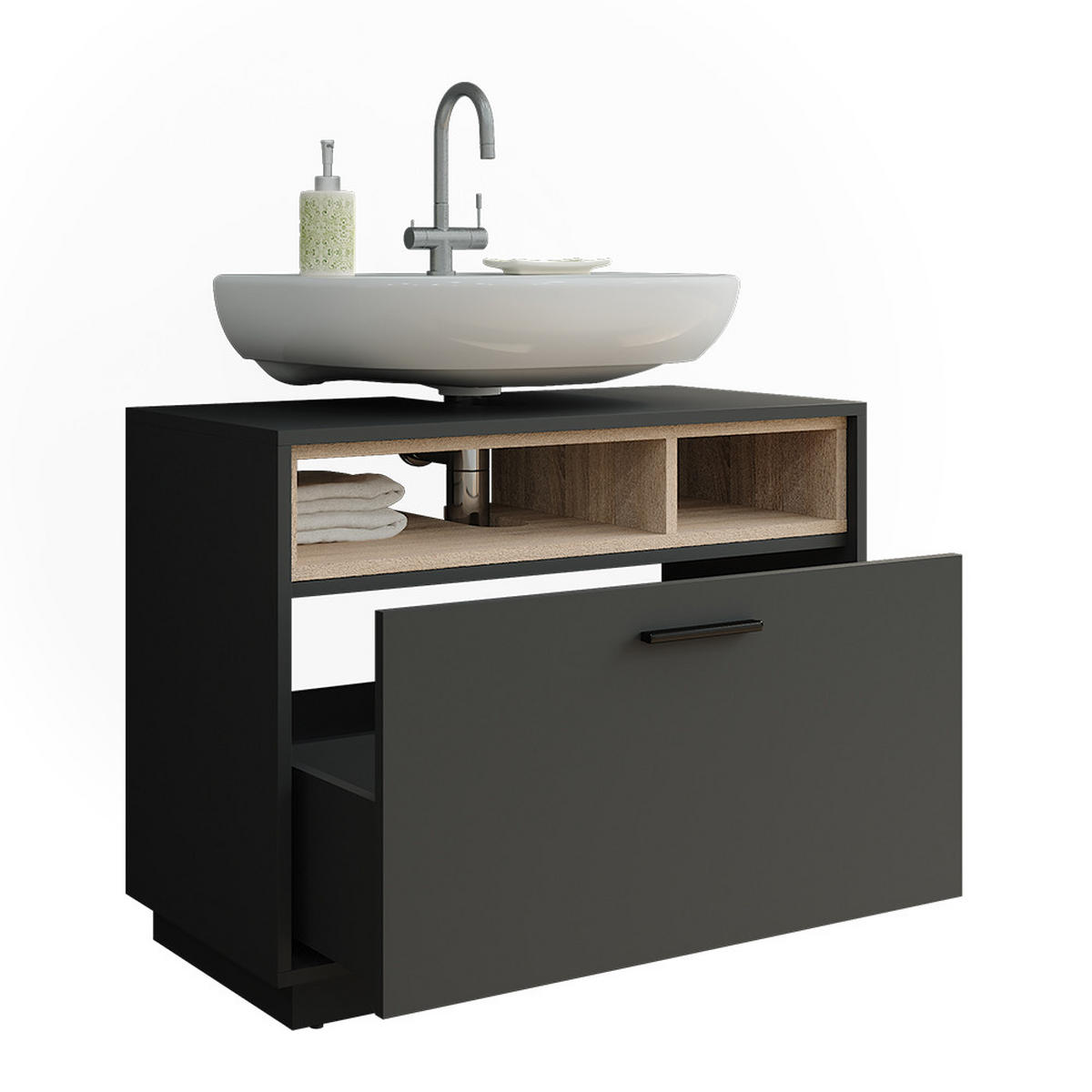 WASCHBECKENUNTERSCHRANK Beatrice Anthrazit/Sonoma 80 x 64 cm mit Schublade - Anthrazit/Sonoma Eiche, Holzwerkstoff (80/64/35cm) - Vicco