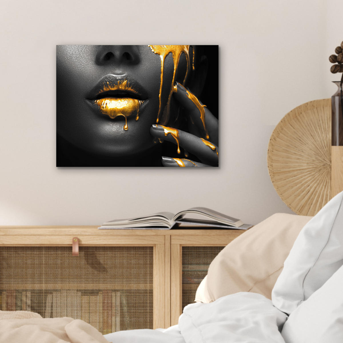 METALLBILD Frau - Schwarz - Gold - Gesicht - Lippen 40x30 cm - Goldfarben, Metall (40/30cm) - MuchoWow